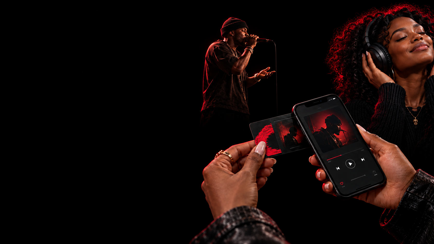An independent artist performs while a fan taps a music card to a phone and enjoys music with headphones.